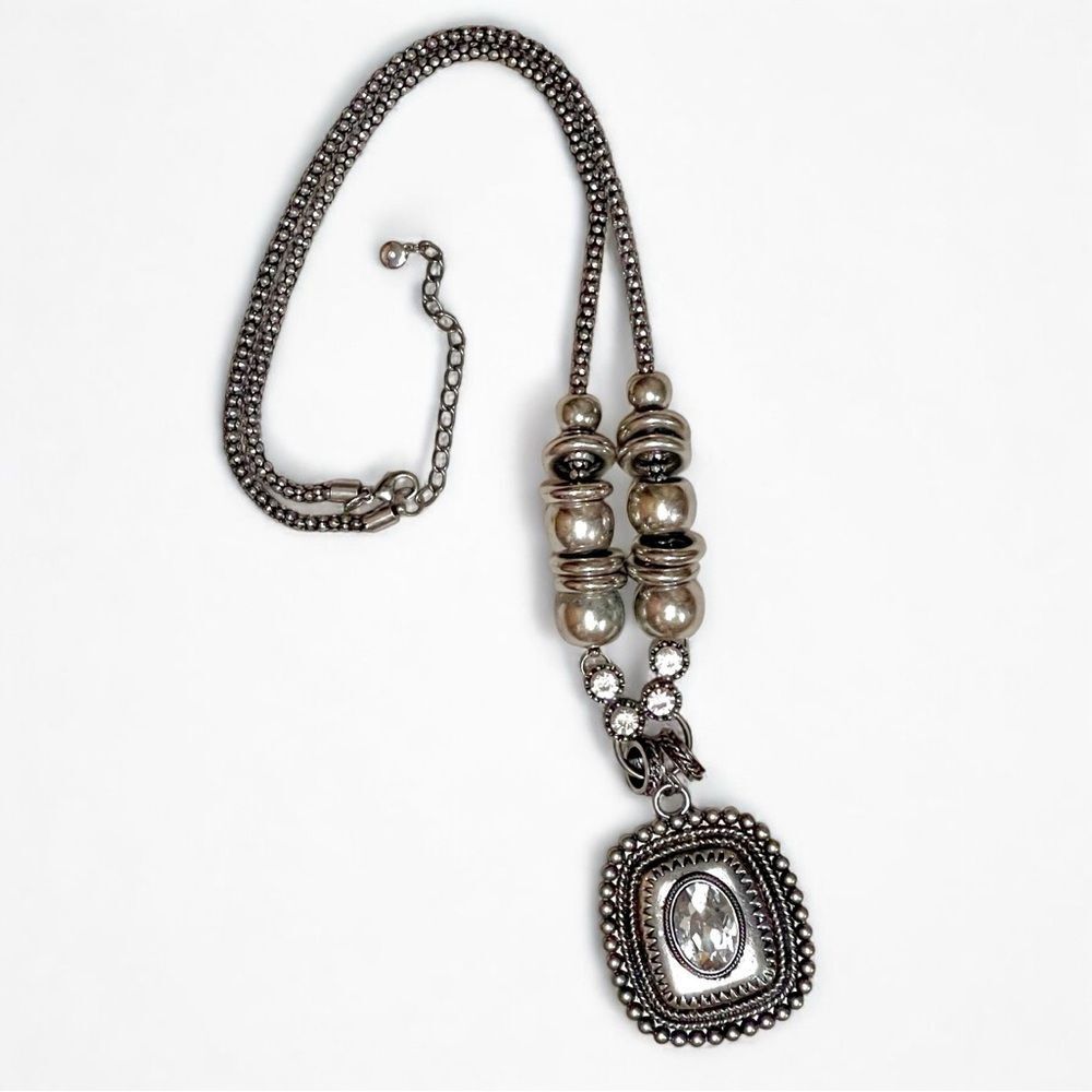 C1946 Chunky Large Silver Rhinestone Pendant Popc… - image 1